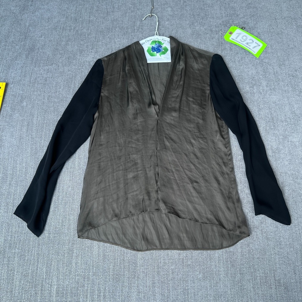 ZARA Blouse Top Womens XS Olive Black Sheer Sleeve V-Neck Boho Chic Minimalist